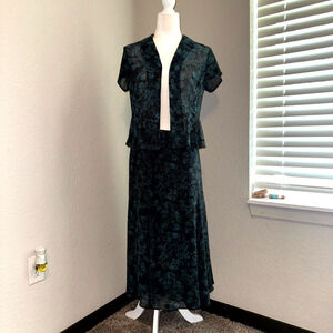 Jones Wear 2-Piece Dress Women 6 Blue Floral Sheer Vintage 90s Top / Maxi Skirt